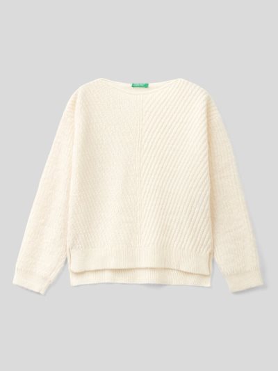 Creamy White Kids' Benetton Crew Neck Wool Blend Sweaters | AU137848