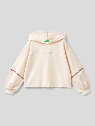 Creamy White Kids' Benetton Cropped Jeweled Details Hoodie | AU642642