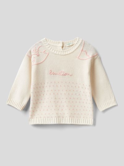 Creamy White Kids' Benetton Jacquard Embroidery Sweaters | AU288612