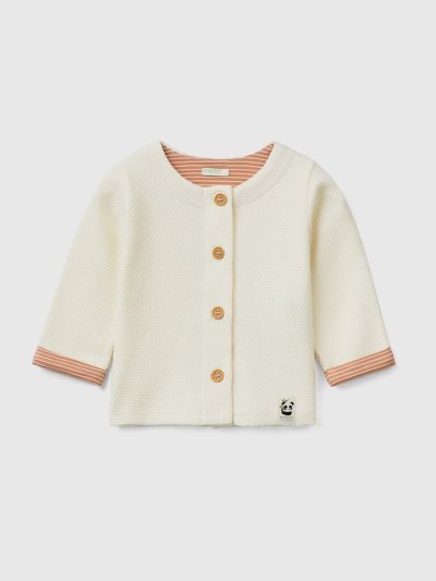 Creamy White Kids' Benetton Jacquard Knit Cardigan | AU059567