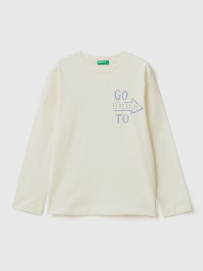 Creamy White Kids' Benetton Long Sleeve Print T Shirts | AU002928