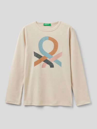 Creamy White Kids' Benetton Long Sleeve Glitter Print T Shirts | AU109378