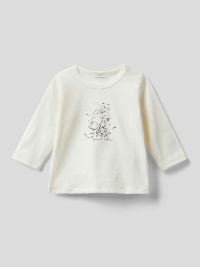 Creamy White Kids' Benetton Long Sleeve 100% Organic Cotton T Shirts | AU149400