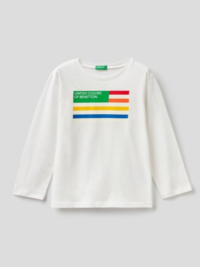 Creamy White Kids' Benetton Long Sleeve Organic Cotton T Shirts | AU208318