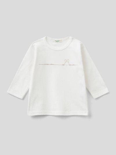 Creamy White Kids' Benetton Long Sleeve 100% Organic Cotton T Shirts | AU650029