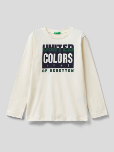 Creamy White Kids' Benetton Long Sleeve Organic Cotton T Shirts | AU703990