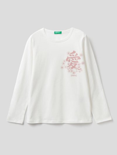 Creamy White Kids' Benetton Long Sleeve Organic Cotton T Shirts | AU778732