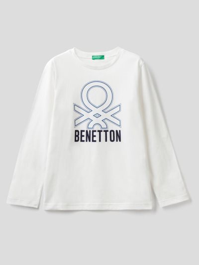 Creamy White Kids' Benetton Long Sleeve Organic Cotton T Shirts | AU955247