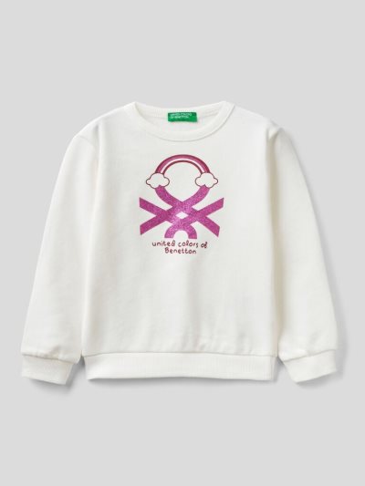 Creamy White Kids' Benetton Organic Cotton Glittery Print Sweatshirt | AU485074