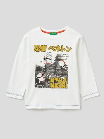 Creamy White Kids' Benetton Photographic Print Long Sleeve T-shirts | AU598393