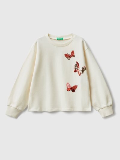 Creamy White Kids' Benetton Reversible Sequins Sweatshirt | AU088030