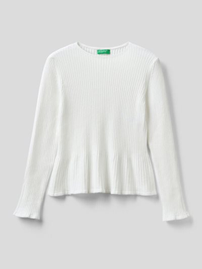 Creamy White Kids' Benetton Ribbed Knit Flared Bottom Sweaters | AU011574