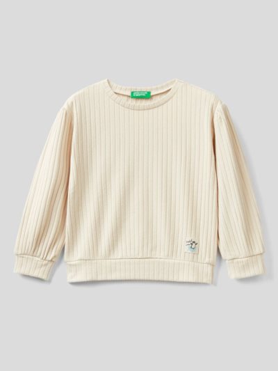 Creamy White Kids' Benetton Ribbed Pullover Sweatshirt | AU137120