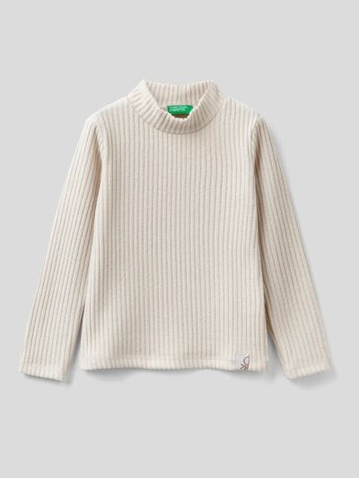 Creamy White Kids' Benetton Ribbed Recycled Fabric Long Sleeve T-shirts | AU458423