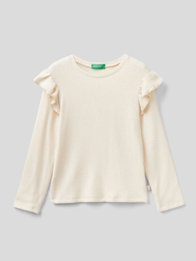 Creamy White Kids' Benetton Ribbed Rouches Long Sleeve T-shirts | AU538787