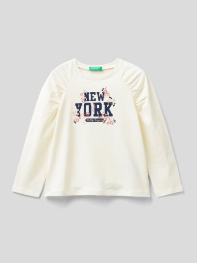 Creamy White Kids' Benetton Ruffles Long Sleeve T-shirts | AU498278