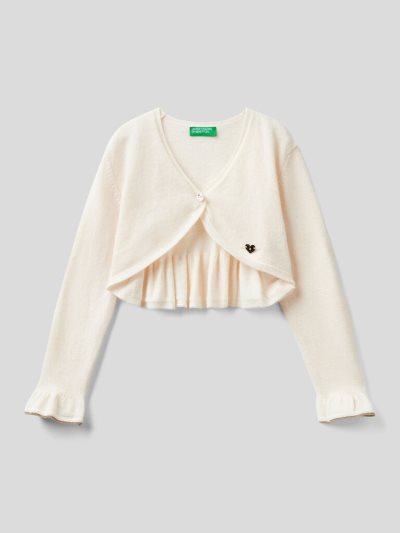 Creamy White Kids' Benetton Shawl Rouches Cardigan | AU570461