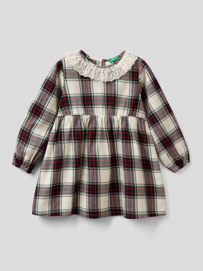 Creamy White Kids' Benetton Tartan Lace Collar Dress | AU687421