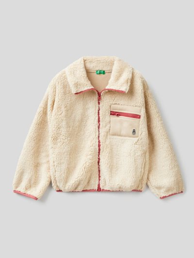 Creamy White Kids' Benetton Teddy Look Zip Sweatshirt | AU759092