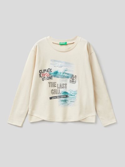 Creamy White Kids' Benetton Warm Cotton Print Long Sleeve T-shirts | AU071131