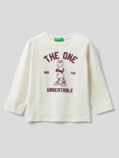 Creamy White Kids' Benetton Warm Cotton Print Long Sleeve T-shirts | AU354849