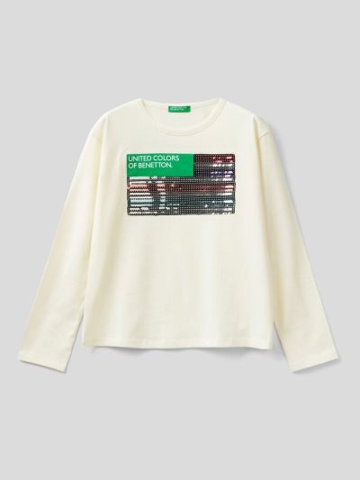 Creamy White Kids' Benetton Warm Cotton Sequins Long Sleeve T-shirts | AU908633