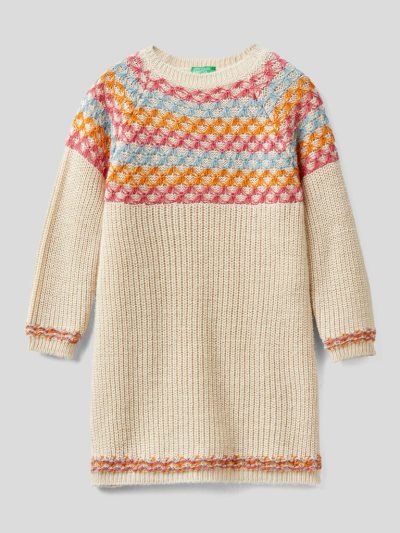 Creamy White Kids' Benetton Warm Knit Dress | AU551839