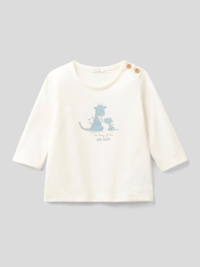 Creamy White Kids' Benetton Warm Organic Cotton T Shirts | AU002528