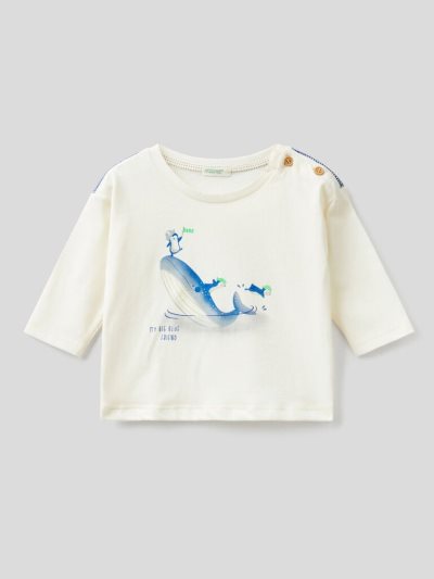 Creamy White Kids' Benetton Warm Organic Cotton Print T Shirts | AU990283