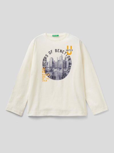 Creamy White Kids' Benetton Warm Photo Print Long Sleeve T-shirts | AU196453