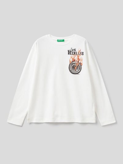 Creamy White Kids' Benetton Warm Photo Print Long Sleeve T-shirts | AU904188