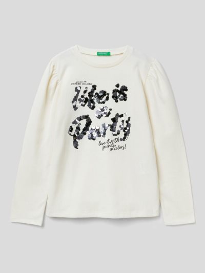 Creamy White Kids' Benetton Warm Print And Sequins Long Sleeve T-shirts | AU038490