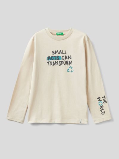 Creamy White Kids' Benetton Warm Print Long Sleeve T-shirts | AU060767