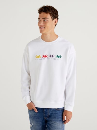 Creamy White Men's Benetton Crew Neck Logo Print Sweatshirt | AU345614