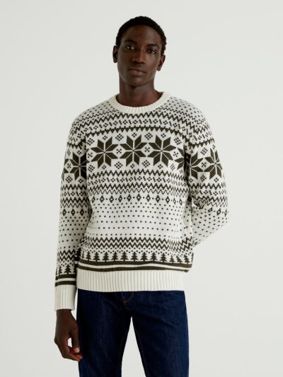 Creamy White Men's Benetton Jacquard Wool Blend Crew Neck Sweaters | AU727559