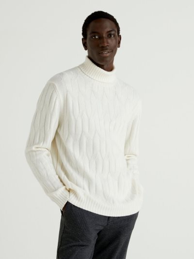 Creamy White Men's Benetton Knit Cashmere And Wool Blend High Neck Sweaters | AU810425