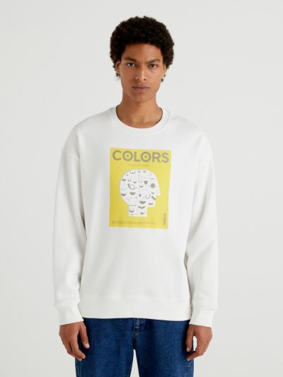 Creamy White Men's Benetton Warm Relaxed Fit "Colors" Sweatshirt | AU782670