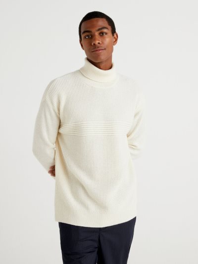 Creamy White Men's Benetton Wool Blend Turtleneck High Neck Sweaters | AU387063