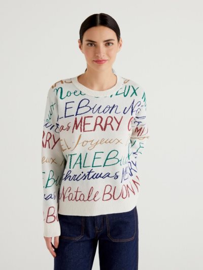 Creamy White Women's Benetton Boxy Fit Christmas Crew Neck Sweaters | AU551268