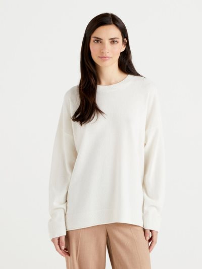 Creamy White Women's Benetton Boxy Fit Cashmere Blend Crew Neck Sweaters | AU726038