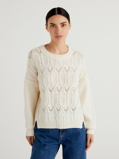 Creamy White Women's Benetton Boxy Fit Knit Crew Neck Sweaters | AU734419