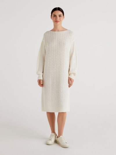 Creamy White Women's Benetton Cable Knit Midi Dress | AU221546