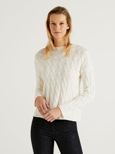 Creamy White Women's Benetton Cable Knit High Neck Sweaters | AU510084