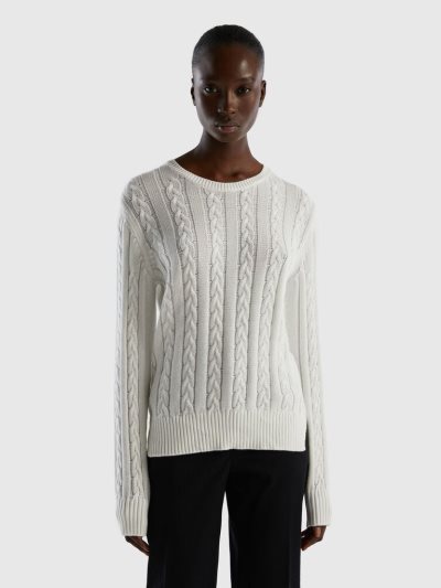 Creamy White Women's Benetton Cable Knit 100% Cotton Crew Neck Sweaters | AU901073