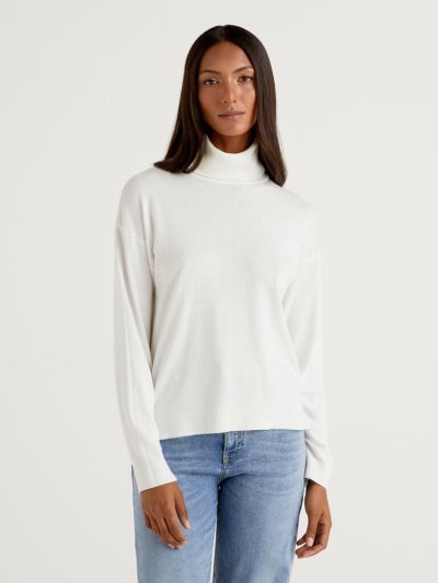 Creamy White Women's Benetton Cotton And Modal® Turtleneck High Neck Sweaters | AU830863