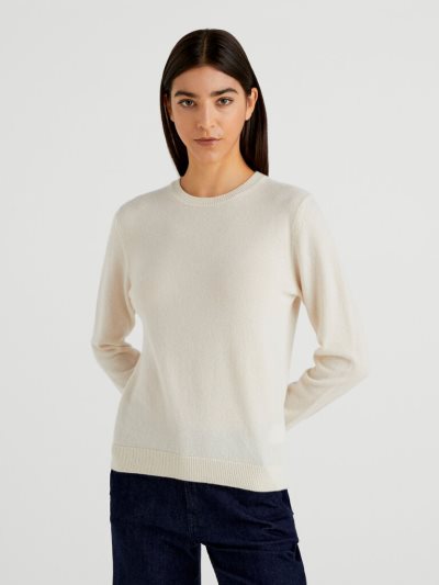 Creamy White Women's Benetton Crew Neck Pure Cashmere Sweaters | AU626704