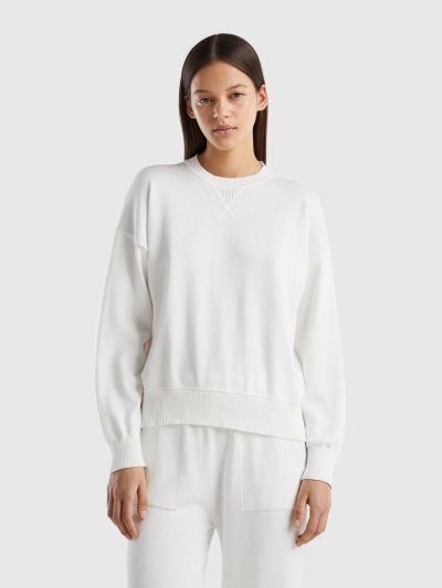 Creamy White Women's Benetton Crew Neck Tricot Cotton Sweaters | AU756475