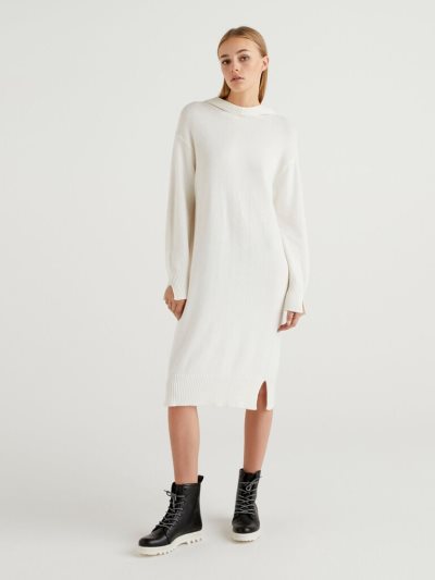 Creamy White Women's Benetton Knit Hood Dress | AU621329