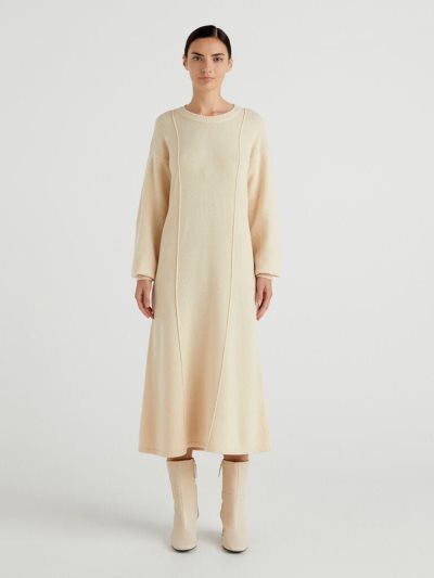 Creamy White Women's Benetton Knit Wool Blend Midi Dress | AU256621