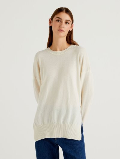 Creamy White Women's Benetton Oversized Slits Sweaters | AU661542